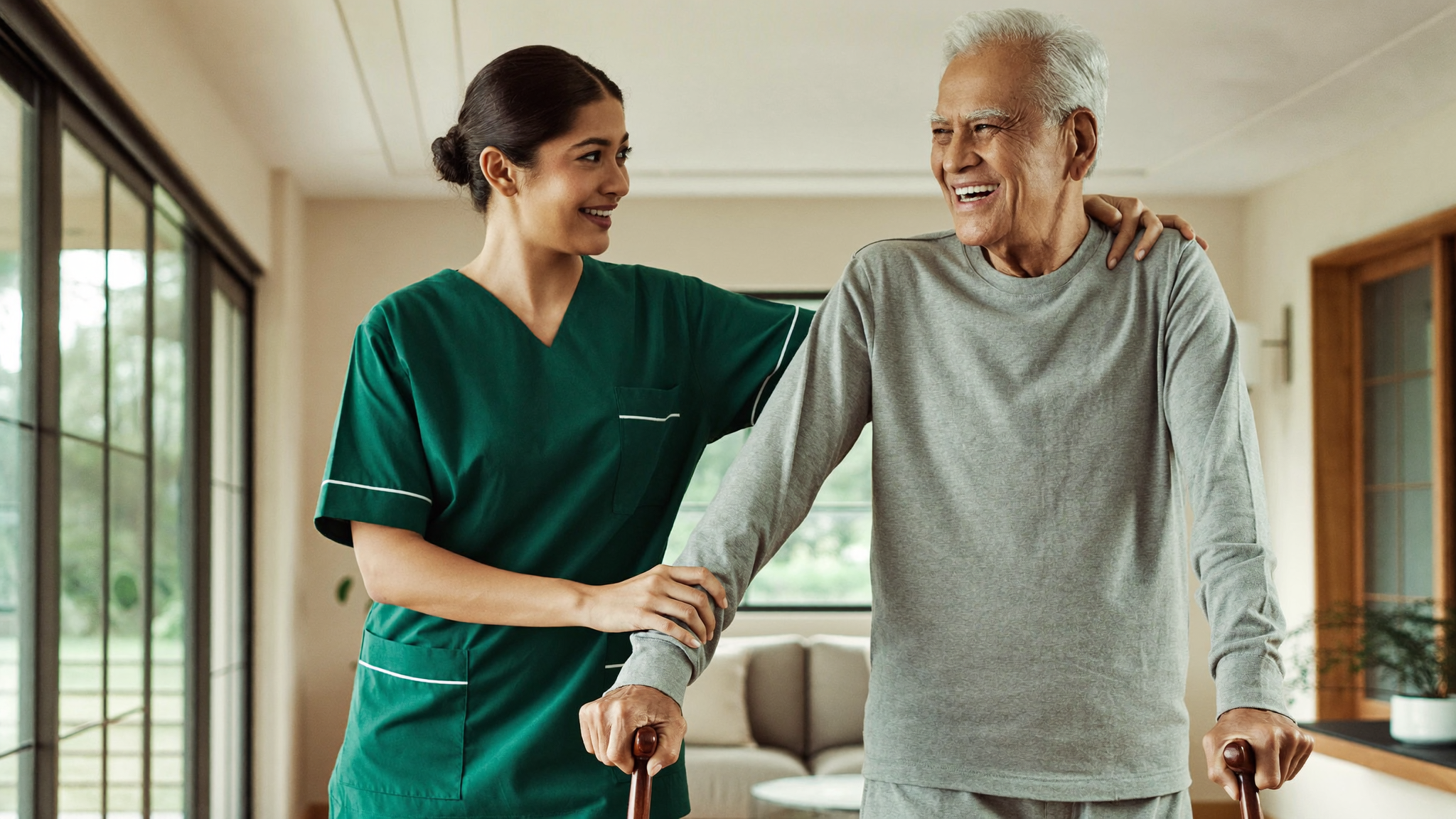 Our vision - caregiver supporting an elderly man walking with a cane