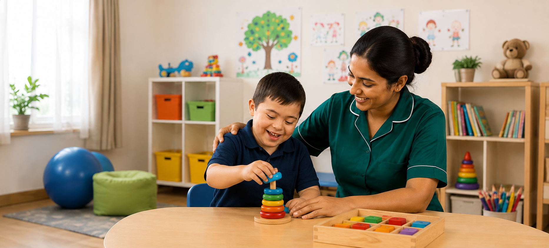 Sri Lankan caregiver helping a child with special needs at home