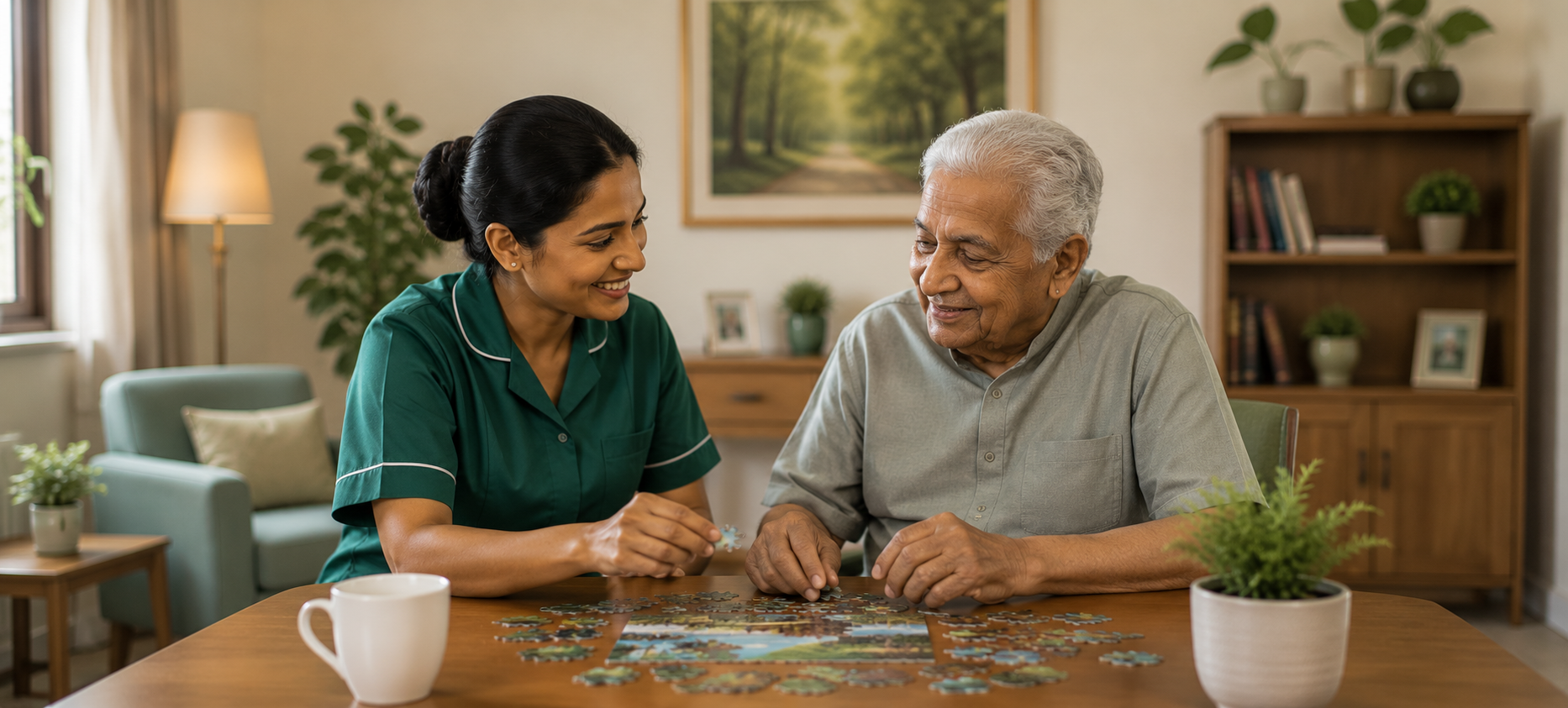 Sri Lankan caregiver supporting an elderly man with dementia at home
