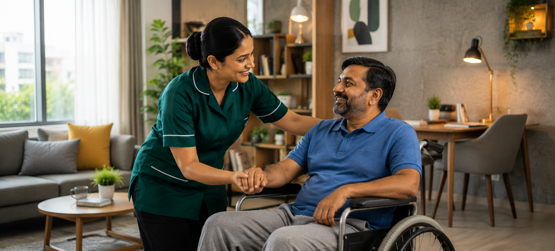 Sri Lankan caregiver supporting a person with a disability at home