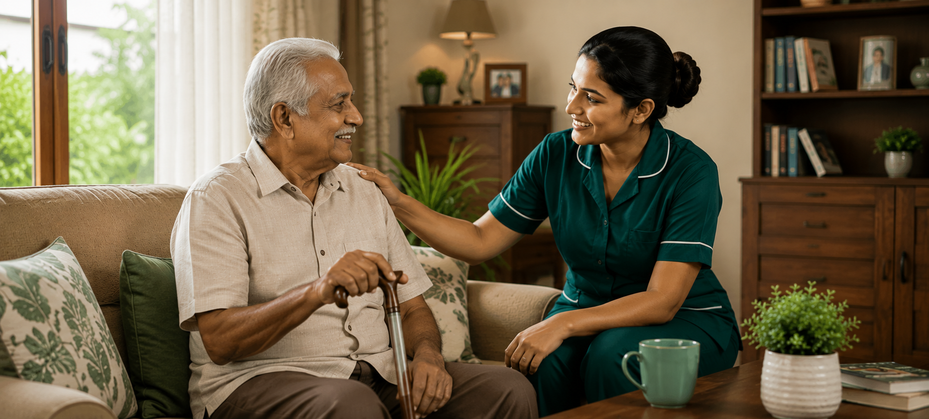Sri Lankan caregiver with an elderly man at home