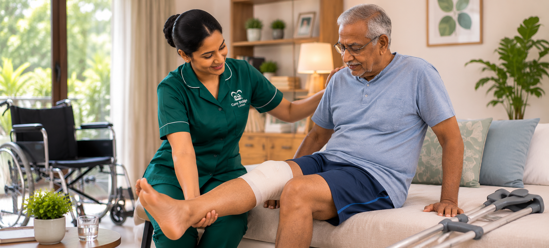 Sri Lankan caregiver helping a patient recover after surgery at home