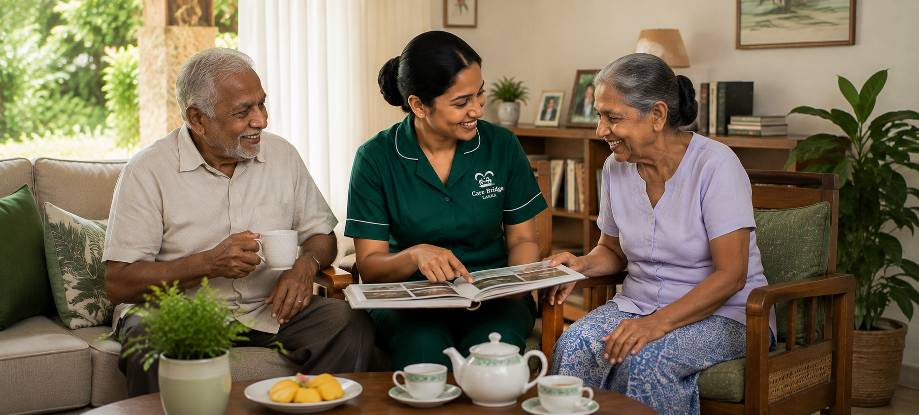 Sri Lankan caregiver providing respite care for an elderly couple at home